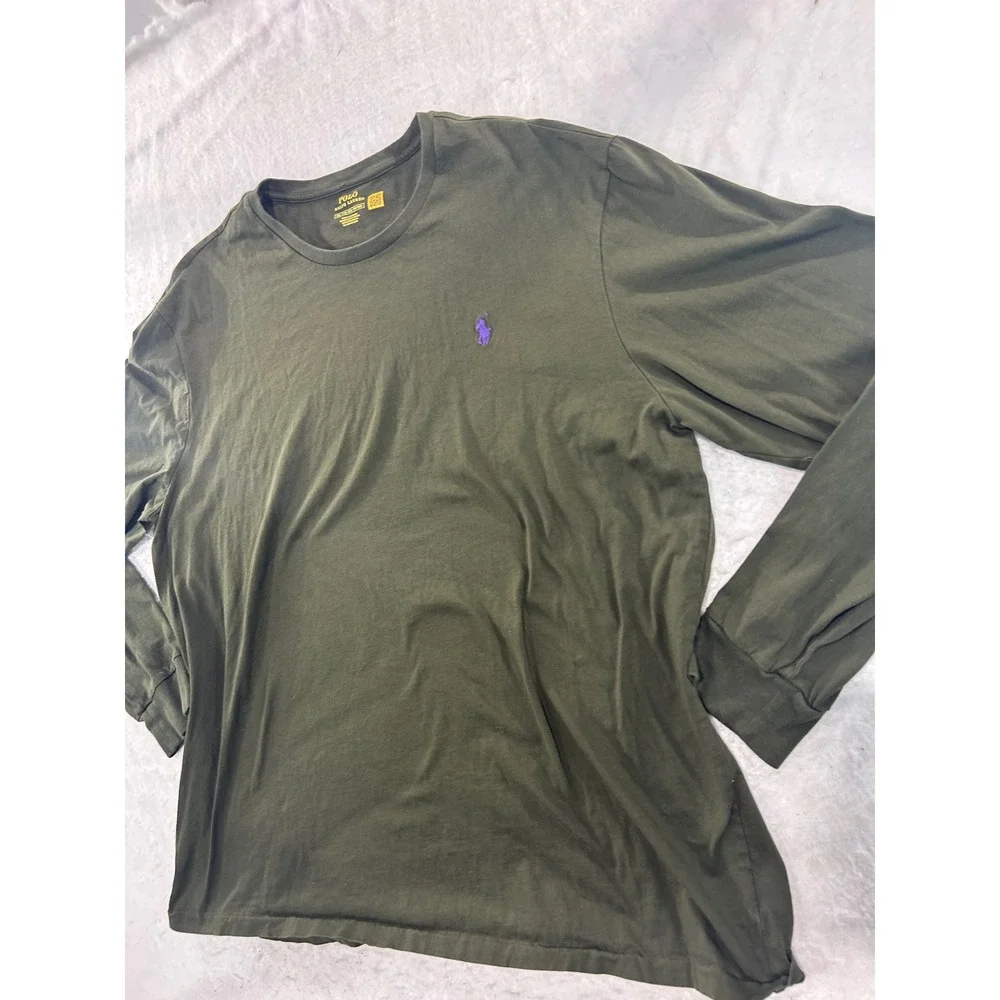 Polo Ralph Lauren Mens XXL Long Sleeve T-Shirt Olive Green Purple Pony Logo